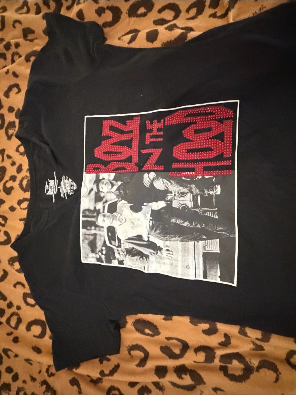 Black Short-Sleeve boys n the hood Tee with bling rhinestones